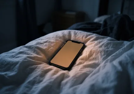 Phone lying face up on a bed sheet at night, its blank screen glowing warm amber in the dark.
