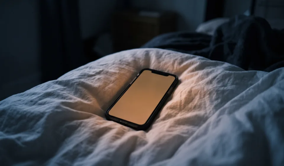 Phone lying face up on a bed sheet at night, its blank screen glowing warm amber in the dark.