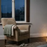 An empty armchair with a folded blanket facing a dark bedroom window, lit by a small lamp on the floor.