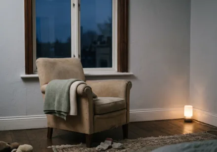 An empty armchair with a folded blanket facing a dark bedroom window, lit by a small lamp on the floor.