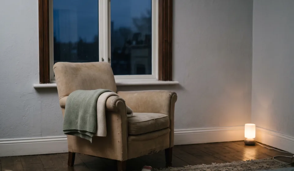 The Chair by the Window: Where to Sit When You’re Awake at 3 A.M. An empty armchair with a folded blanket facing a dark bedroom window, lit by a small lamp on the floor.