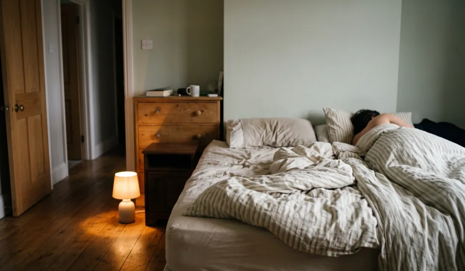 An empty side of a bed with the covers lifted, a sleeper's shape on the other side, and a small floor lamp lighting the floor toward a door left ajar.