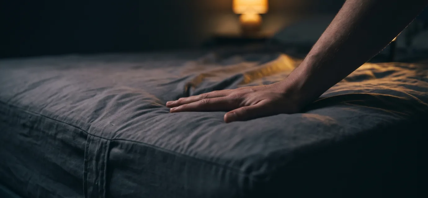 A hand pressing into a worn mattress in a dark bedroom lit by a small bedside lamp.