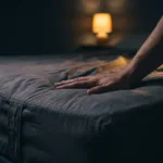 A hand pressing into a worn mattress in a dark bedroom lit by a small bedside lamp.