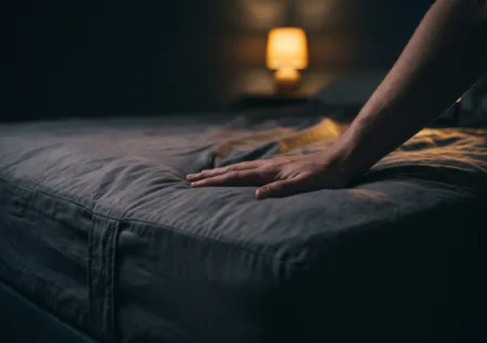 A hand pressing into a worn mattress in a dark bedroom lit by a small bedside lamp.