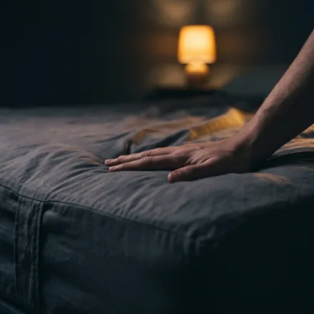 A hand pressing into a worn mattress in a dark bedroom lit by a small bedside lamp.