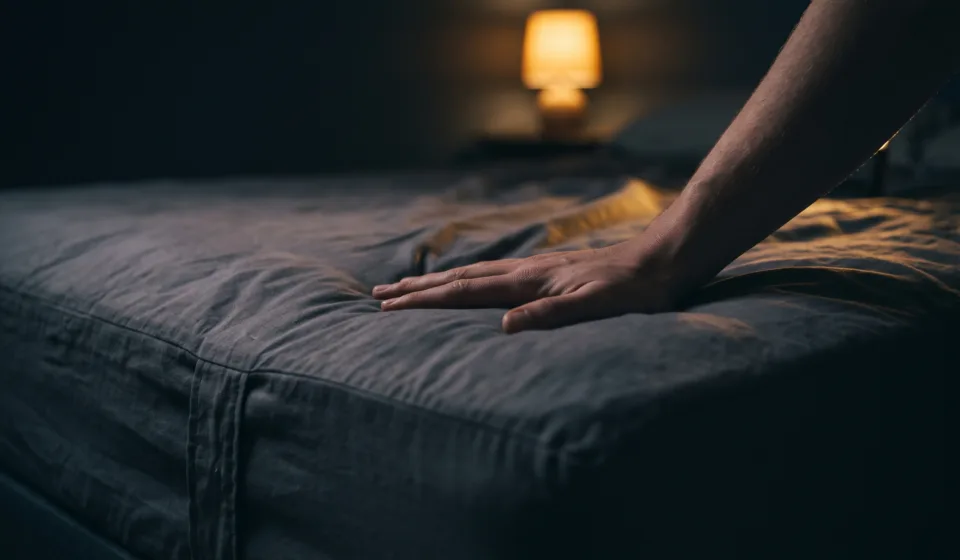 A hand pressing into a worn mattress in a dark bedroom lit by a small bedside lamp.