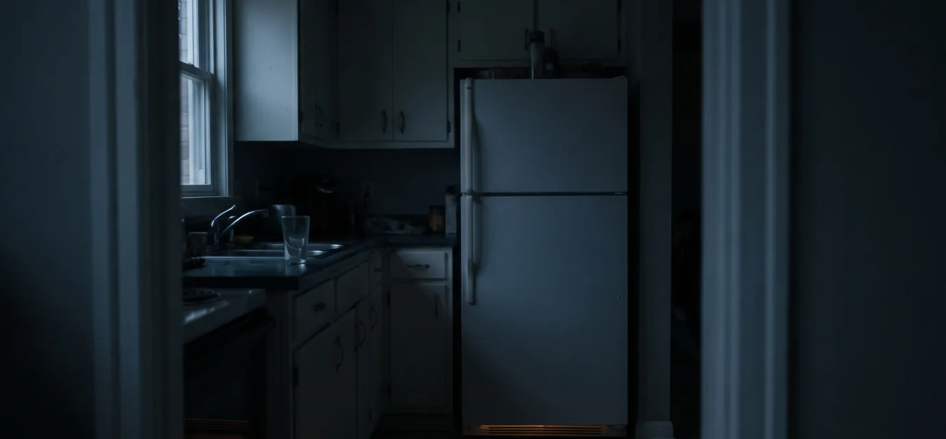 A dark, quiet kitchen at night with a closed refrigerator against the far wall and a faint blue-grey light from a window