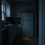 A dark, quiet kitchen at night with a closed refrigerator against the far wall and a faint blue-grey light from a window