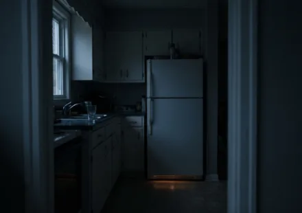 A dark, quiet kitchen at night with a closed refrigerator against the far wall and a faint blue-grey light from a window