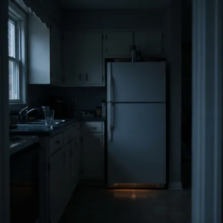 A dark, quiet kitchen at night with a closed refrigerator against the far wall and a faint blue-grey light from a window