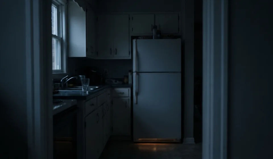 Bedroom Noise at Night A dark, quiet kitchen at night with a closed refrigerator against the far wall and a faint blue-grey light from a window
