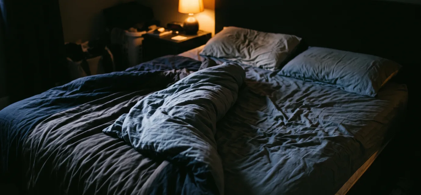 A bed in a dark room with the duvet bunched to one side and the other half bare