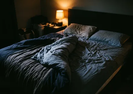 A bed in a dark room with the duvet bunched to one side and the other half bare