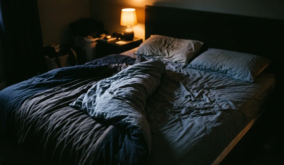 Separate Duvets for Couples: What the Research Says About Sharing the Covers A bed in a dark room with the duvet bunched to one side and the other half bare