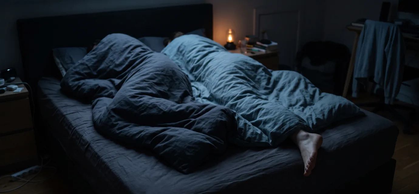 A double bed in a dim bedroom with one duvet pulled high on one side and a bare foot sticking out on the other.