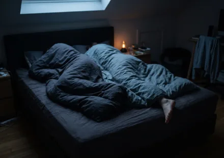 A double bed in a dim bedroom with one duvet pulled high on one side and a bare foot sticking out on the other.