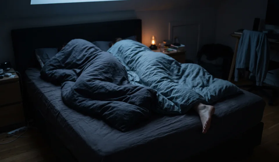 A double bed in a dim bedroom with one duvet pulled high on one side and a bare foot sticking out on the other.