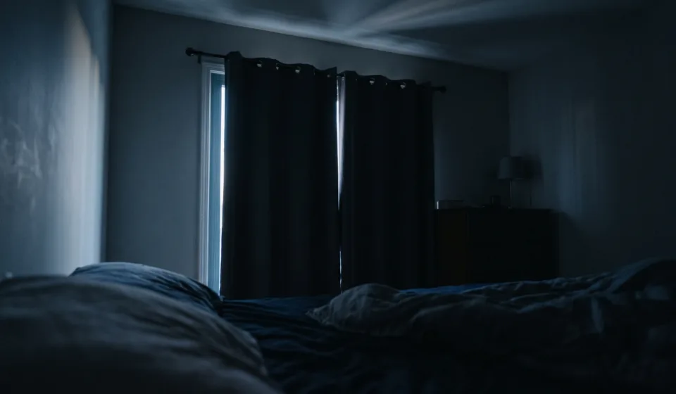 A dark bedroom just before sunrise, with a thin blade of pale light slipping along the edge of closed curtains and stretching across the ceiling