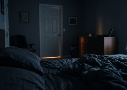 A dark bedroom seen from the pillow toward a closed door with amber light under it.