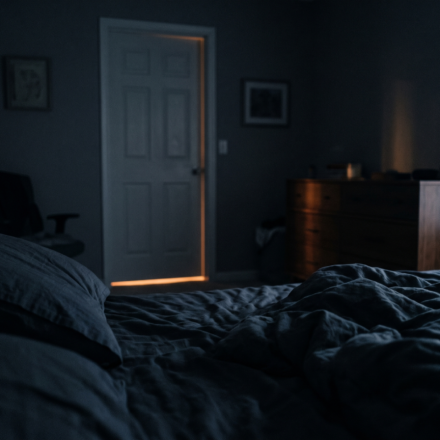A dark bedroom seen from the pillow toward a closed door with amber light under it.