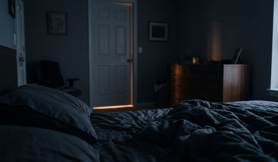 A dark bedroom seen from the pillow toward a closed door with amber light under it.